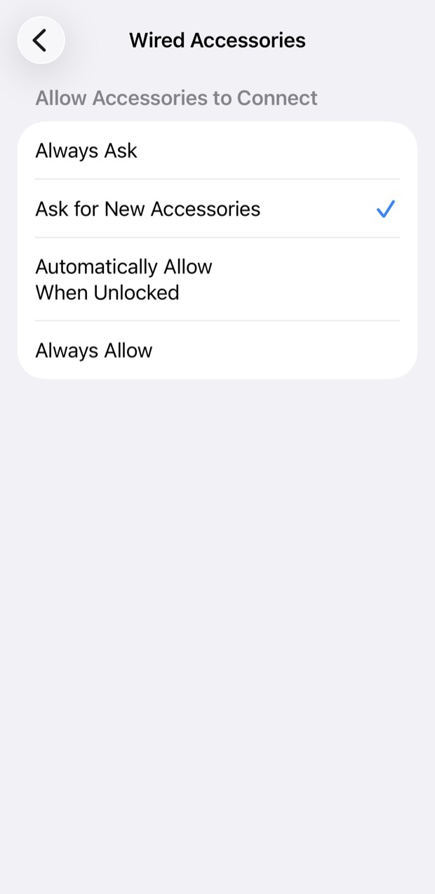 Wired accessory security settings